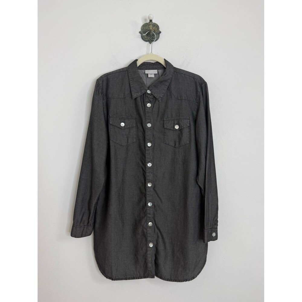 Soft Surroundings Tencel Island Breeze Button Tunic Top Shirt Charcoal Gray M
